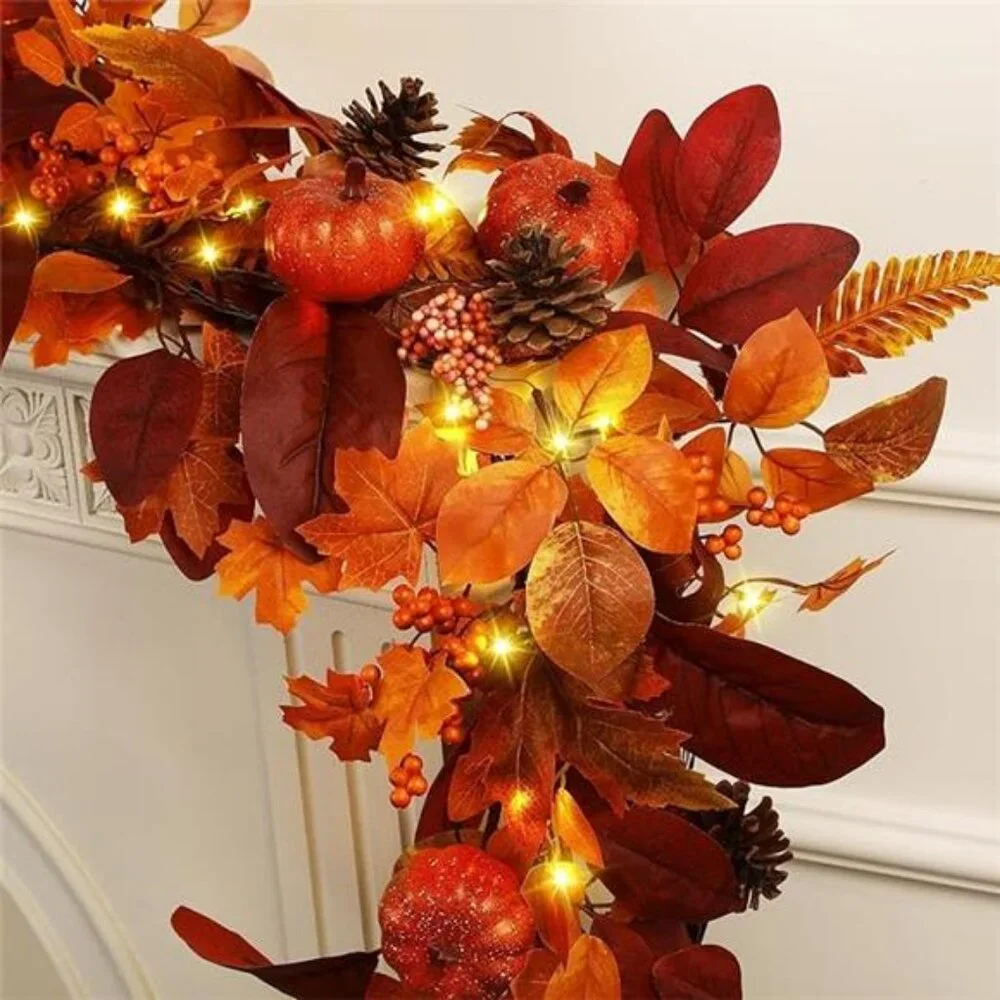 6ft Fall Garland with Lights, Autumn Leaves Garland with Realistic